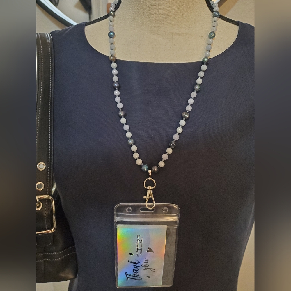 LANYARD ONE OF A KIND JEWELRY PIECE HANDMADE WITH PEARL & AQUAMARINE
